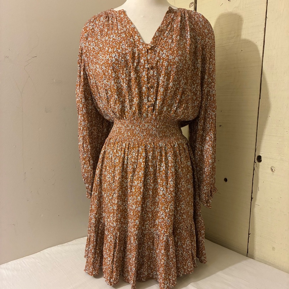 Faherty Montana Women Medium Rust Orange Floral Smocked Mini Dress Viscose Boho